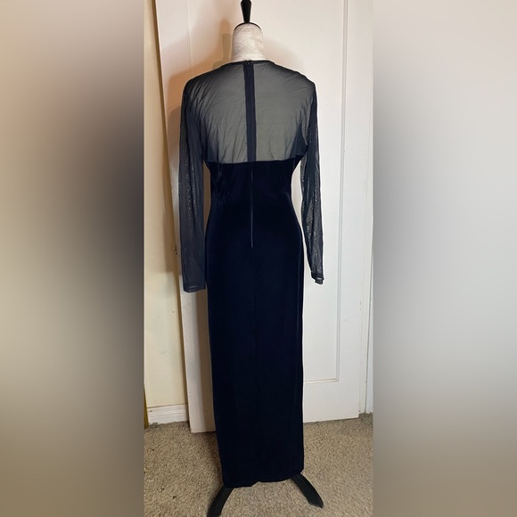 Vintage 90’s Velvet Maxi Dress Mesh Long Sleeves with Side Slit barbiecore noir - Picture 5 of 8